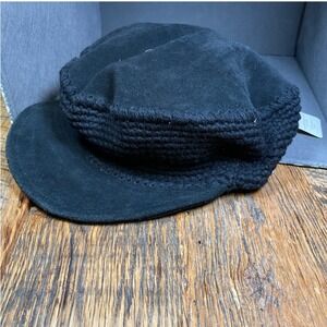 Block Headwear Black Wool Crochet & Leather Suede Newsboy Cap Hat One Size NWT